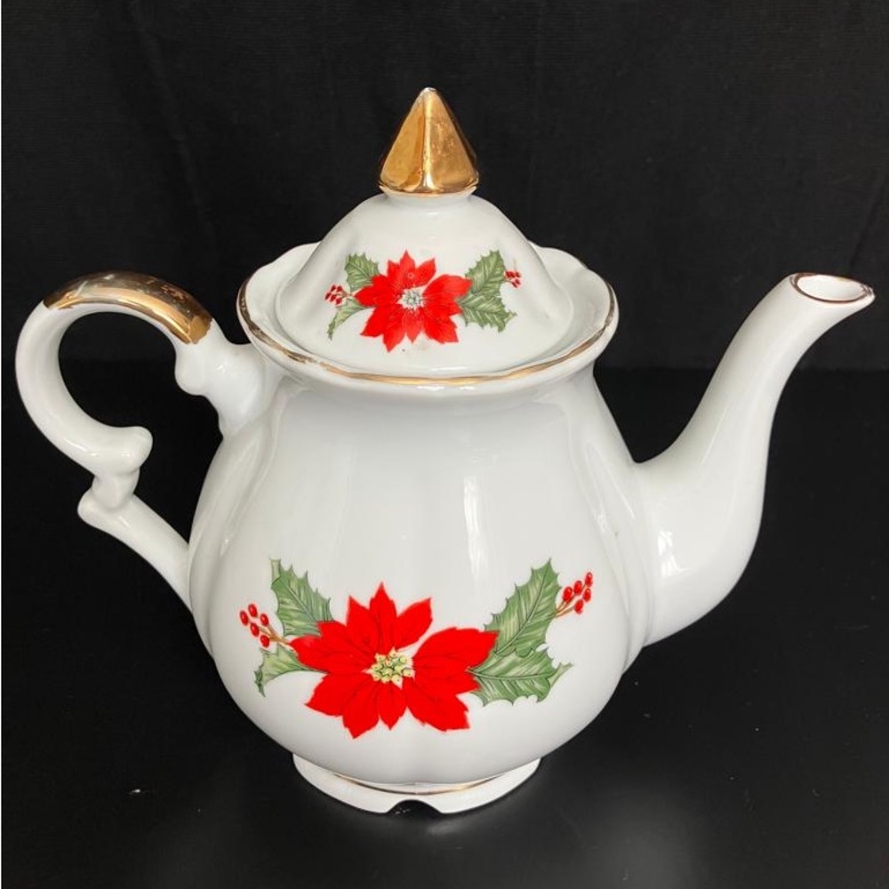Vintage Lefton China Collection Poinsettia Teapot w/ Golden Trim